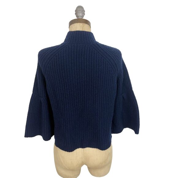 JOIE Cable Mock Neck Crop Sweater XXS Navy Blue Bell Sleeve Wool Cashmere EUC A4 - Picture 3 of 5